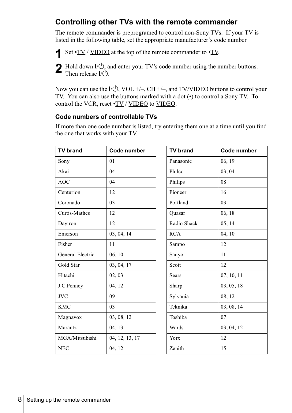 Controlling other tvs with the remote commander, Code numbers of controllable tvs | Sony SLV-N77 User Manual | Page 8 / 72