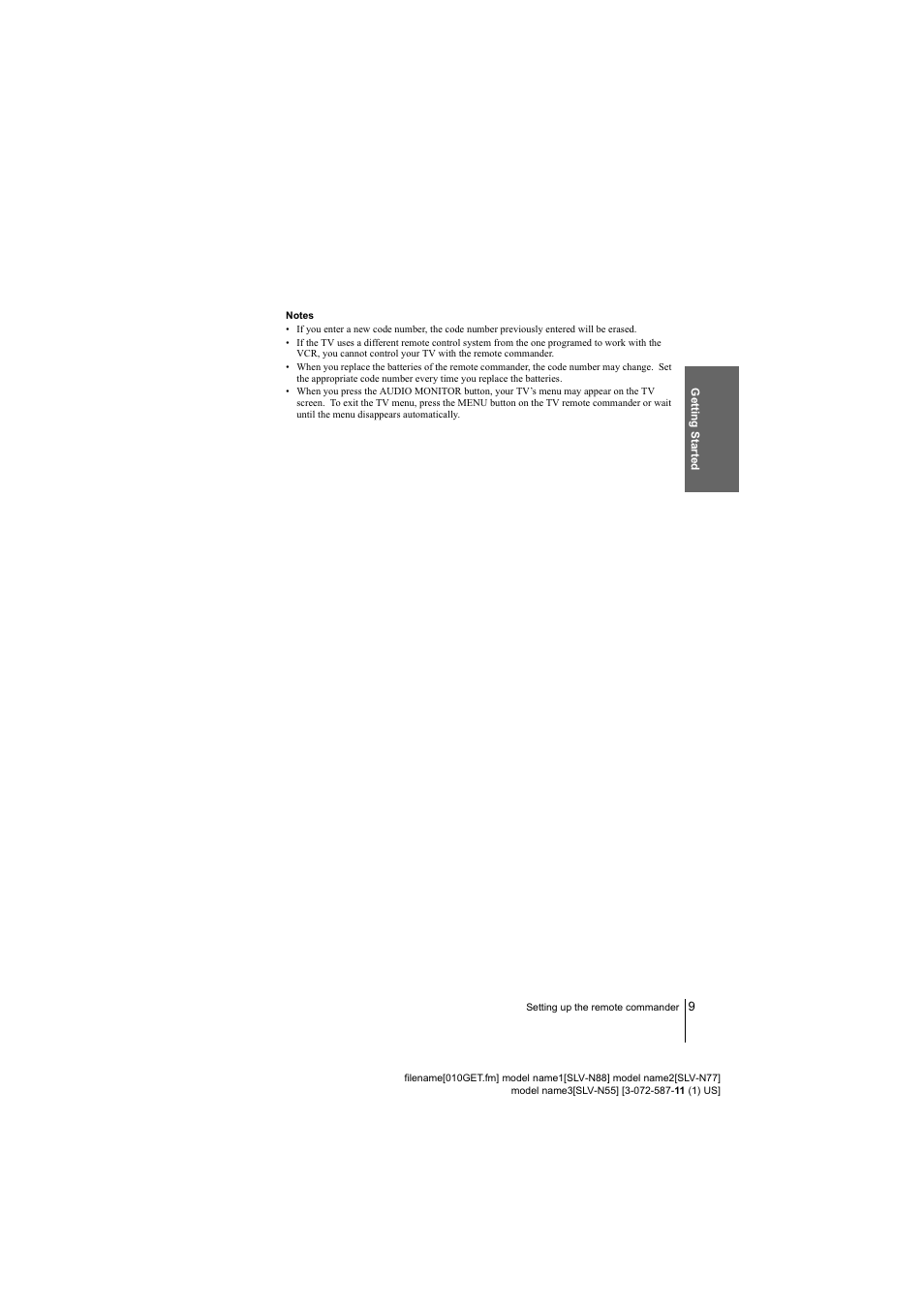Notes | Sony SLV-N77 User Manual | Page 9 / 72