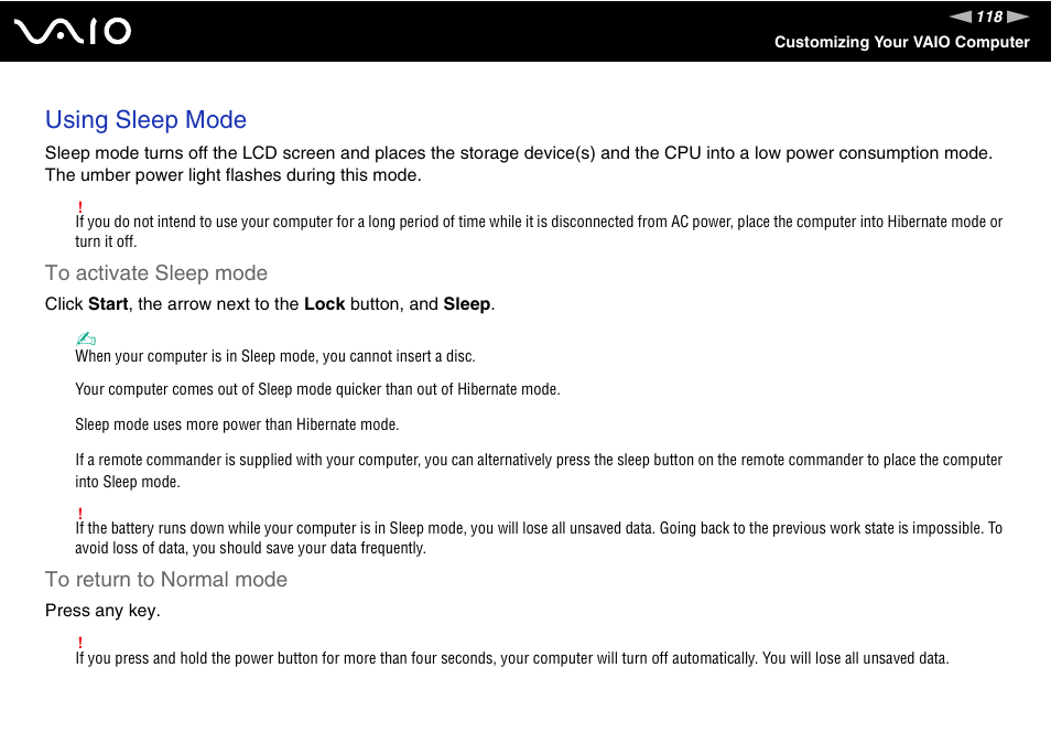 Using sleep mode | Sony VGN-AR670N1 User Manual | Page 118 / 207