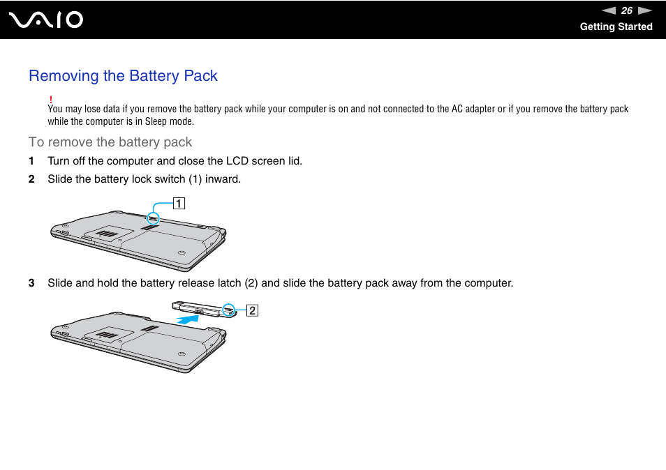 Removing the battery pack | Sony VGN-AR670N1 User Manual | Page 26 / 207