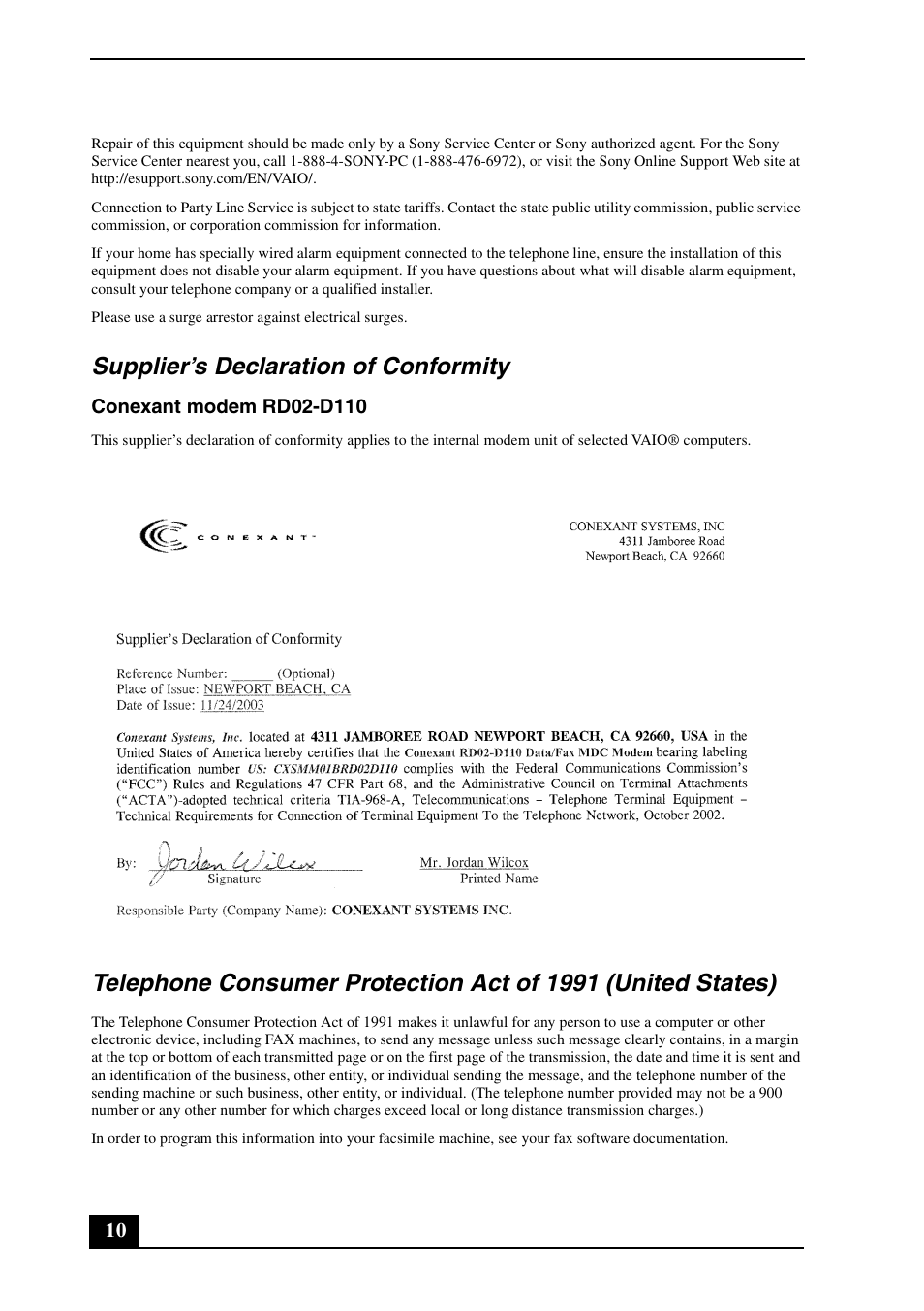 Supplier’s declaration of conformity | Sony VGC-LS25E User Manual | Page 10 / 20