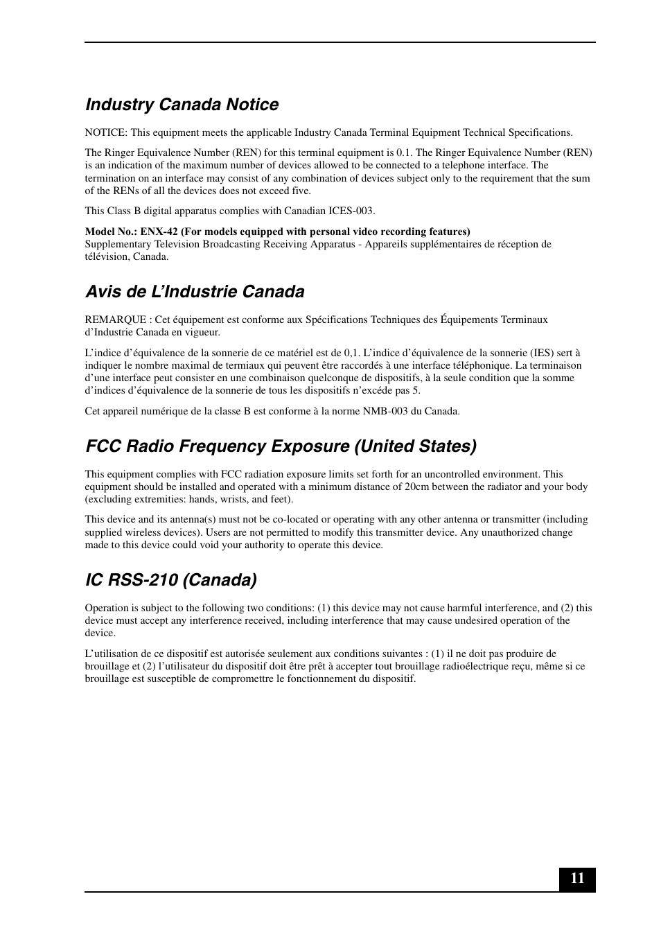 Industry canada notice, Avis de l’industrie canada, Fcc radio frequency exposure (united states) | Ic rss-210 (canada) | Sony VGC-LS25E User Manual | Page 11 / 20