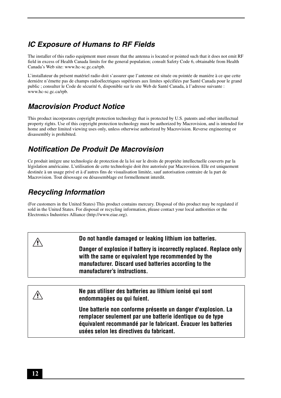 Ic exposure of humans to rf fields, Macrovision product notice, Notification de produit de macrovision | Recycling information | Sony VGC-LS25E User Manual | Page 12 / 20