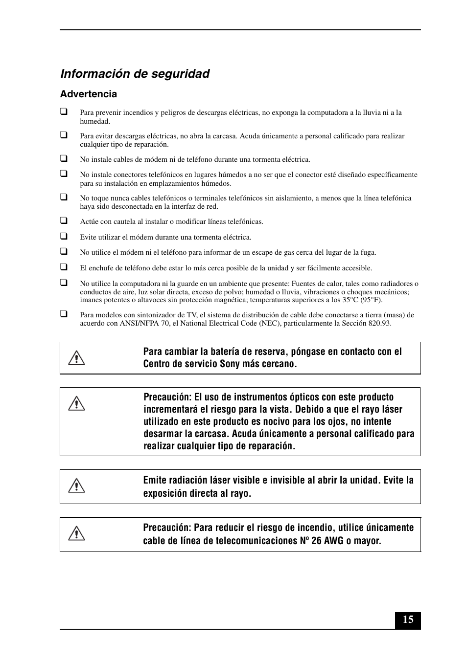 Información de seguridad | Sony VGC-LS25E User Manual | Page 15 / 20