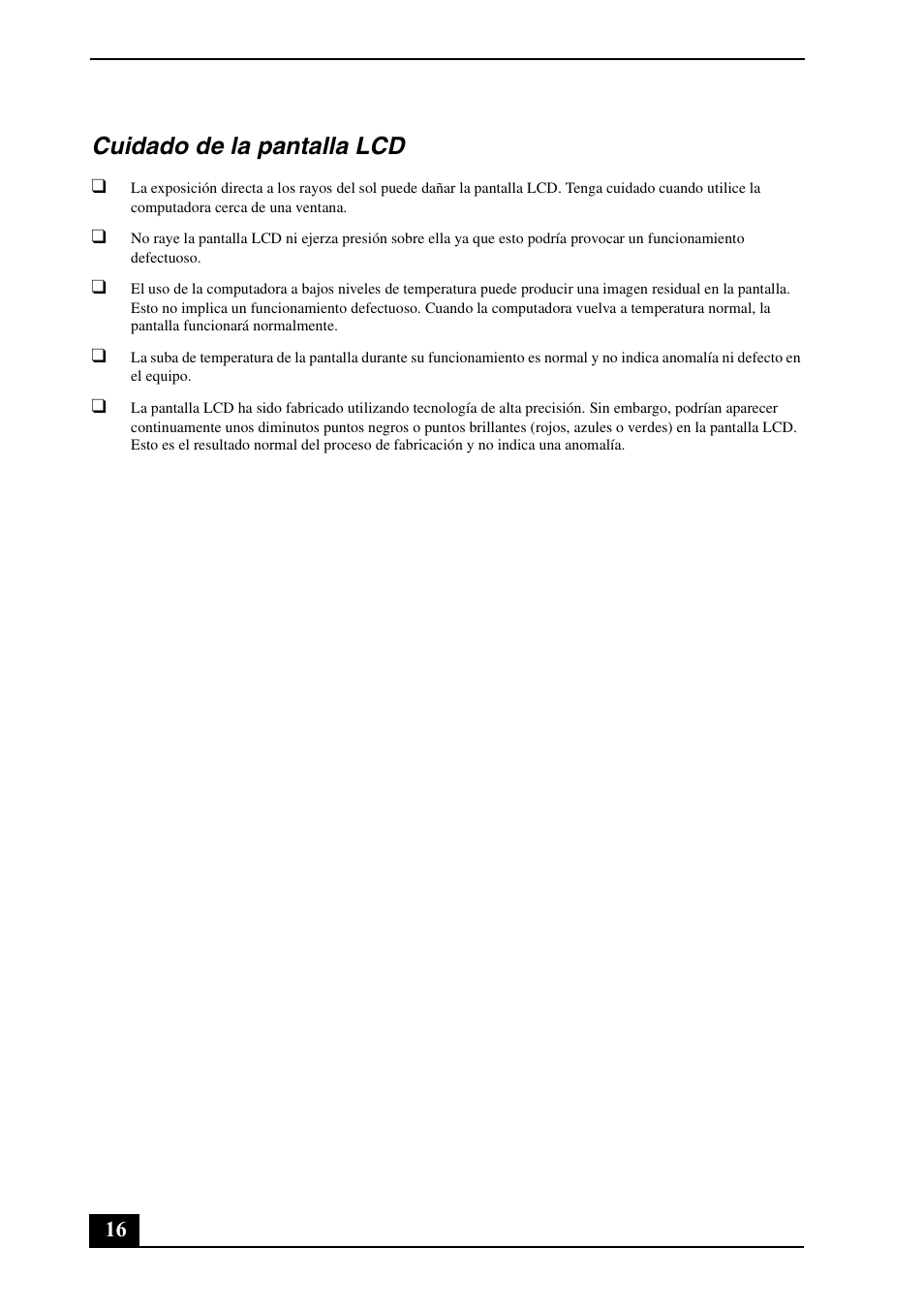 Cuidado de la pantalla lcd | Sony VGC-LS25E User Manual | Page 16 / 20