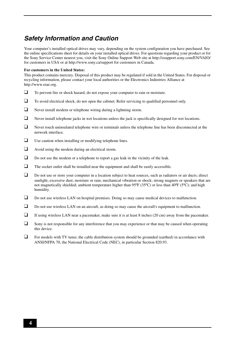 Safety information and caution | Sony VGC-LS25E User Manual | Page 4 / 20