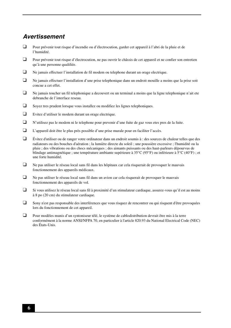 Avertissement | Sony VGC-LS25E User Manual | Page 6 / 20
