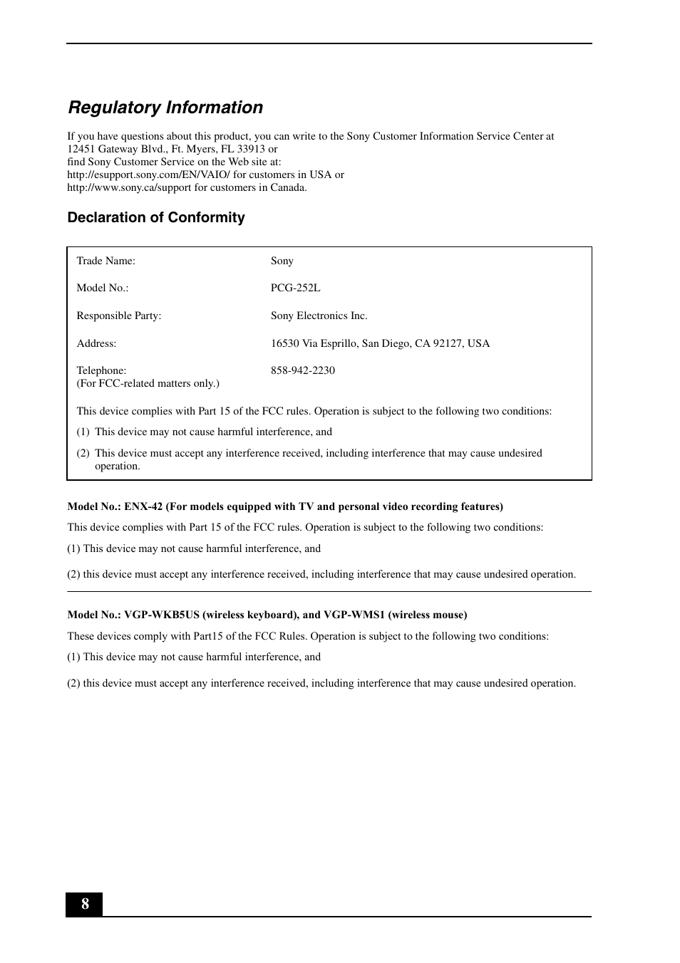 Regulatory information, Declaration of conformity | Sony VGC-LS25E User Manual | Page 8 / 20