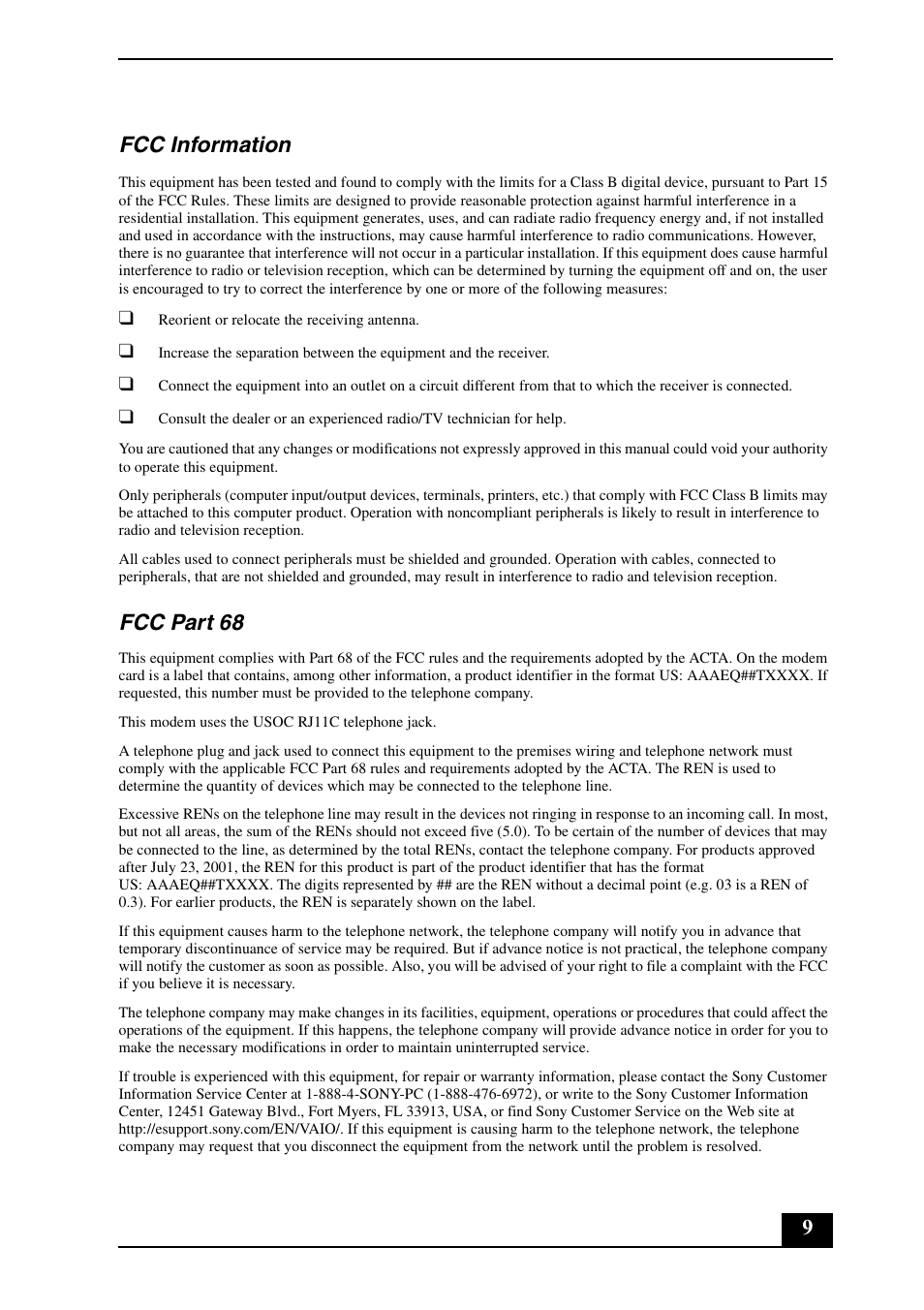 9fcc information, Fcc part 68 | Sony VGC-LS25E User Manual | Page 9 / 20