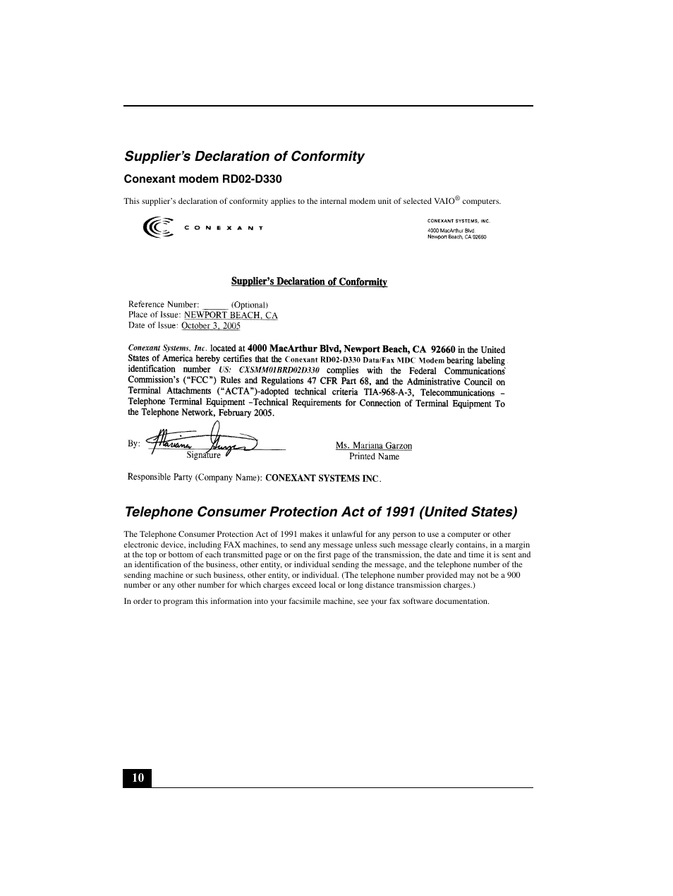 Supplier’s declaration of conformity | Sony VGN-BZ562N User Manual | Page 10 / 20