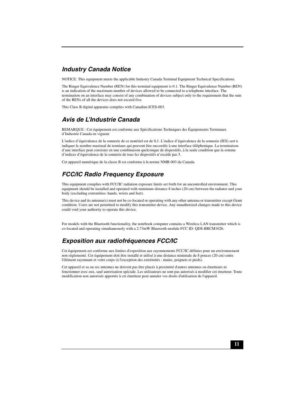 Industry canada notice, Avis de l’industrie canada, Fcc/ic radio frequency exposure | Exposition aux radiofréquences fcc/ic | Sony VGN-BZ562N User Manual | Page 11 / 20