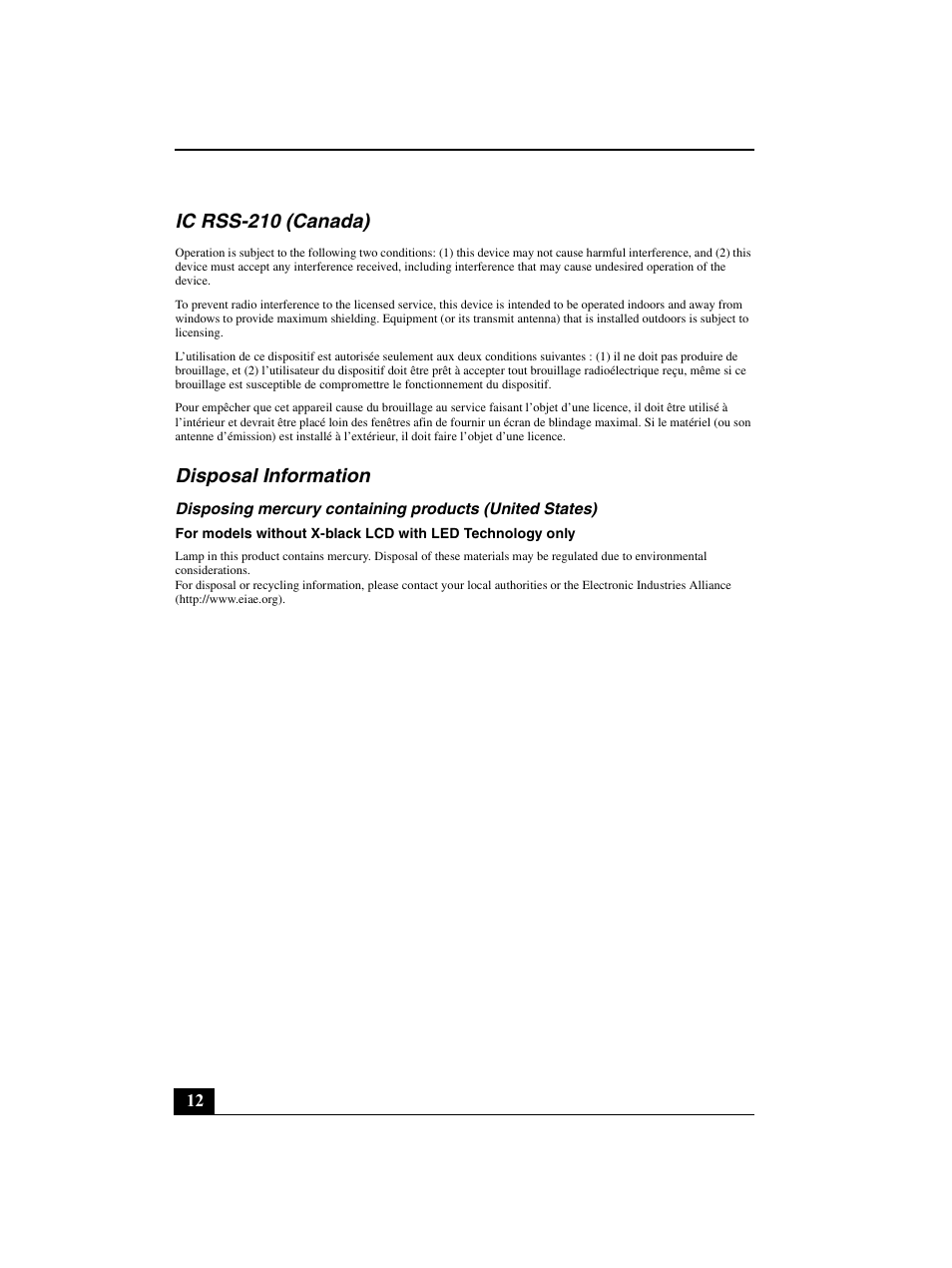 Ic rss-210 (canada), Disposal information | Sony VGN-BZ562N User Manual | Page 12 / 20