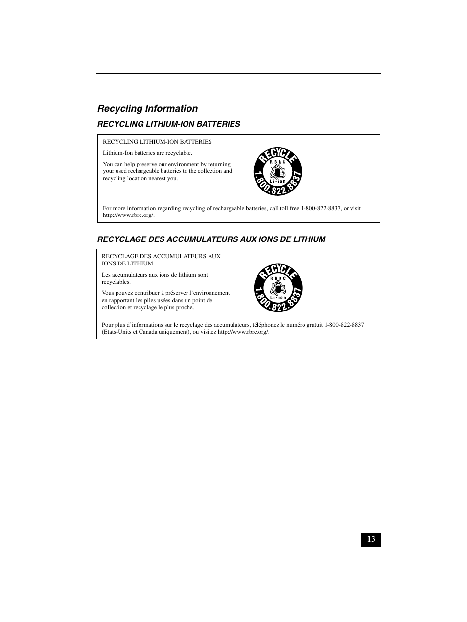 Recycling information | Sony VGN-BZ562N User Manual | Page 13 / 20