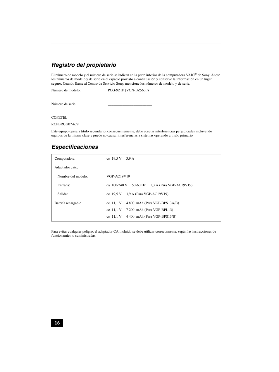 Registro del propietario, Especificaciones | Sony VGN-BZ562N User Manual | Page 16 / 20