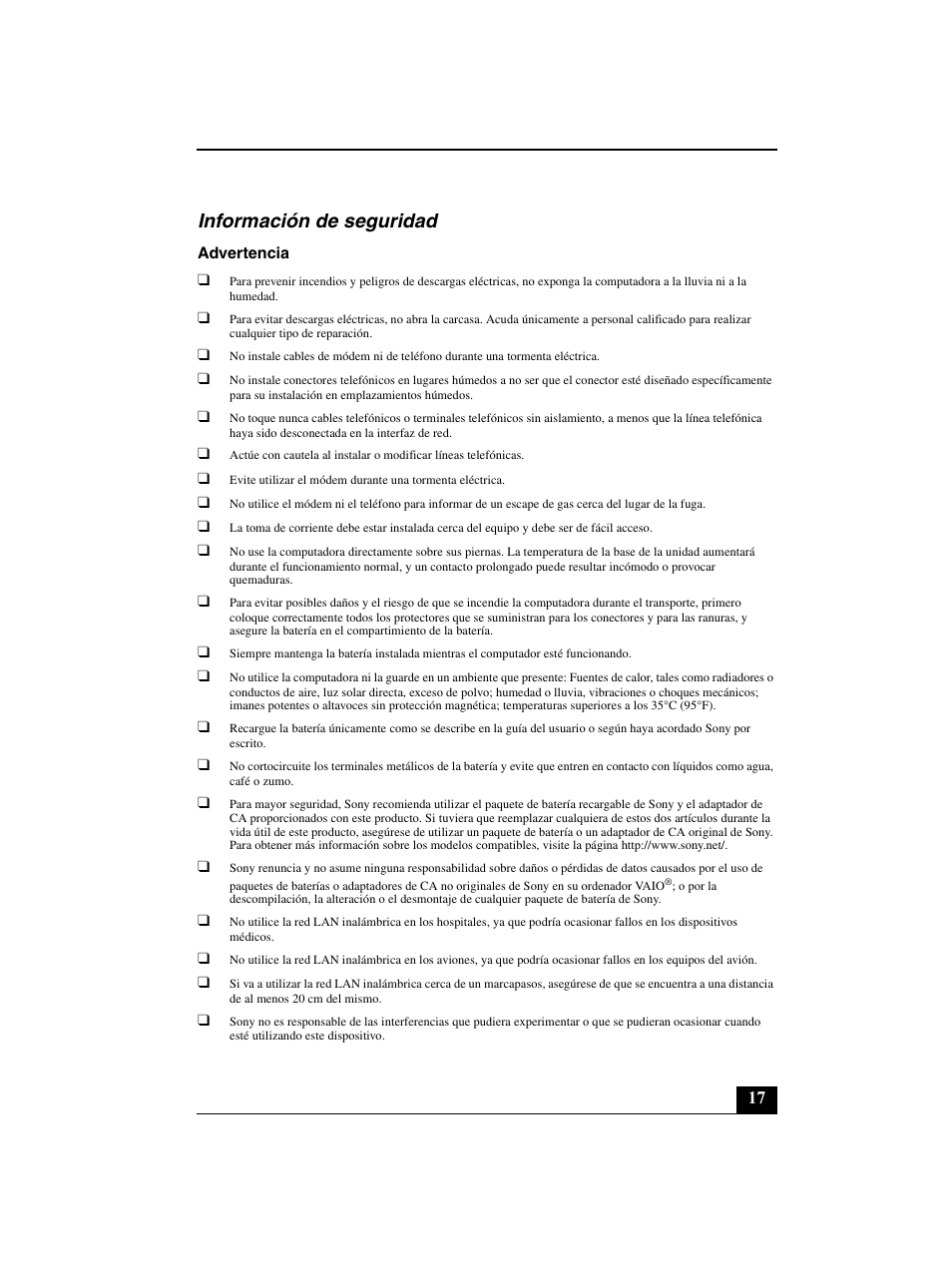 Información de seguridad | Sony VGN-BZ562N User Manual | Page 17 / 20