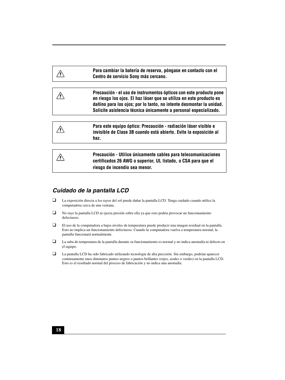 Cuidado de la pantalla lcd | Sony VGN-BZ562N User Manual | Page 18 / 20