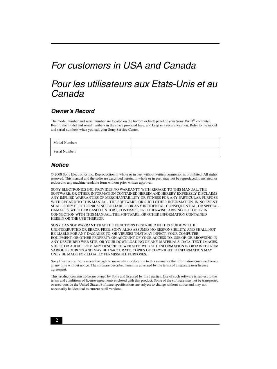 Owner’s record, Notice | Sony VGN-BZ562N User Manual | Page 2 / 20