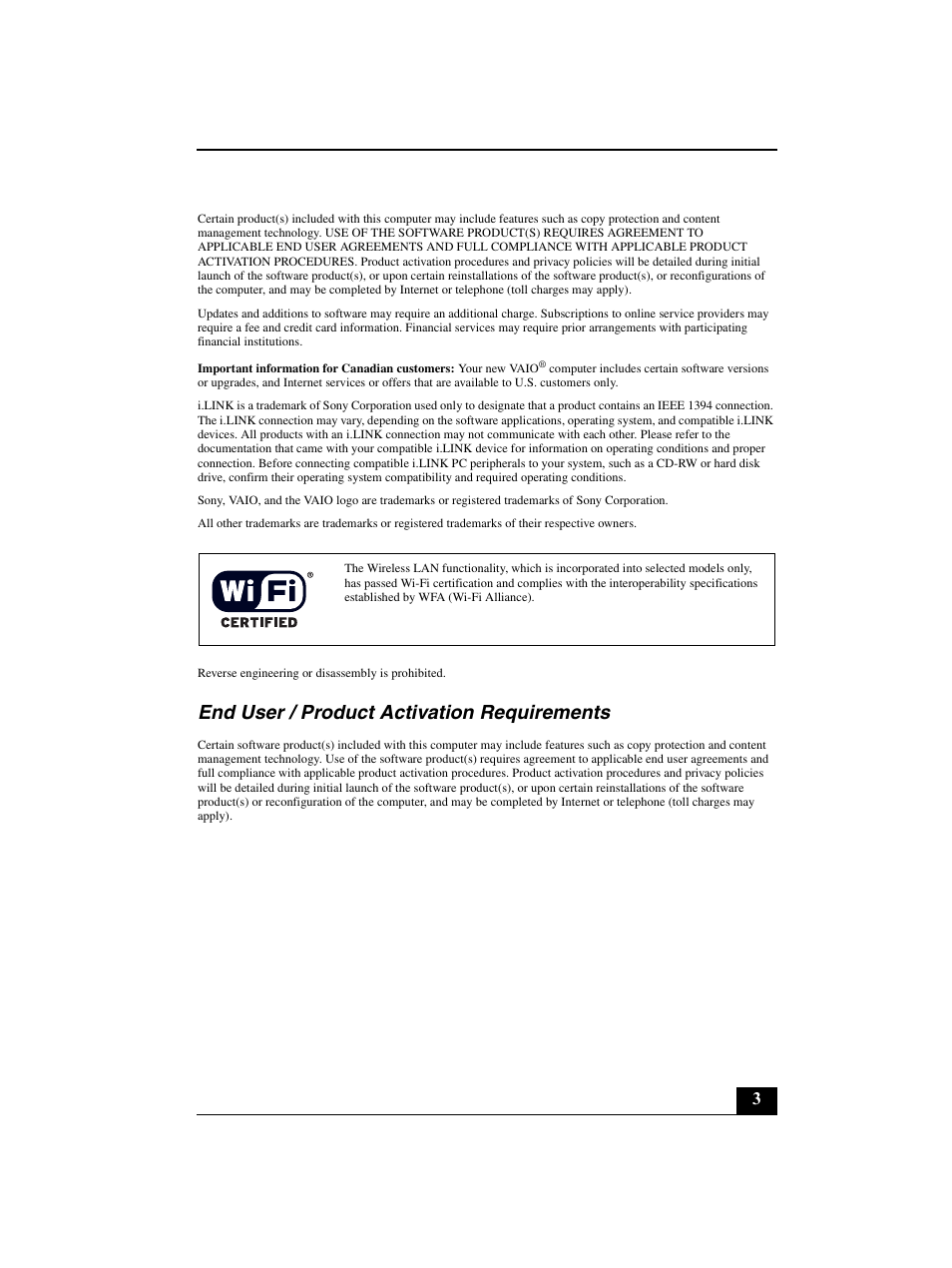 End user / product activation requirements | Sony VGN-BZ562N User Manual | Page 3 / 20