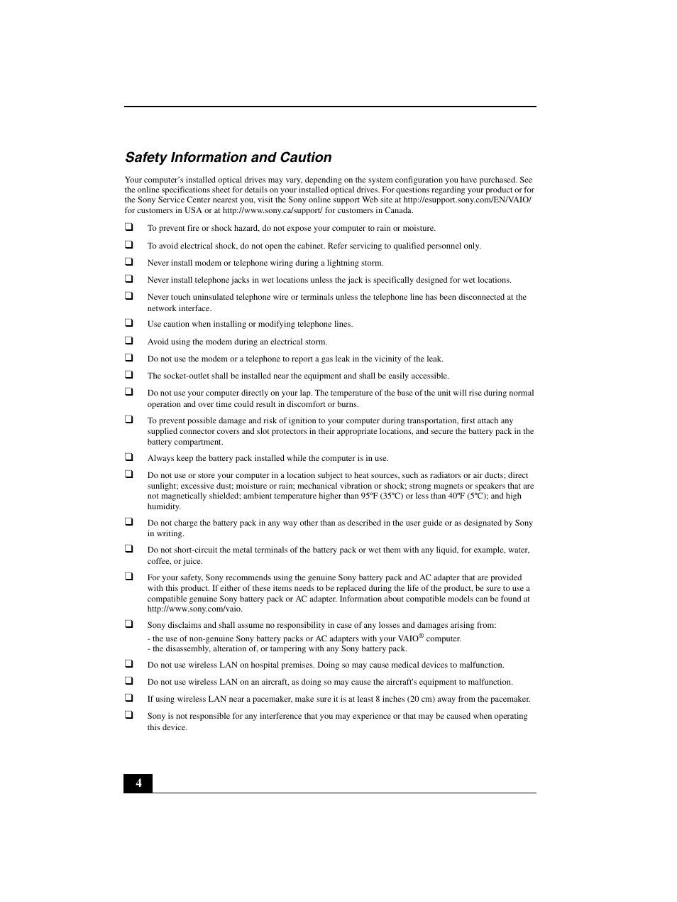 Safety information and caution | Sony VGN-BZ562N User Manual | Page 4 / 20