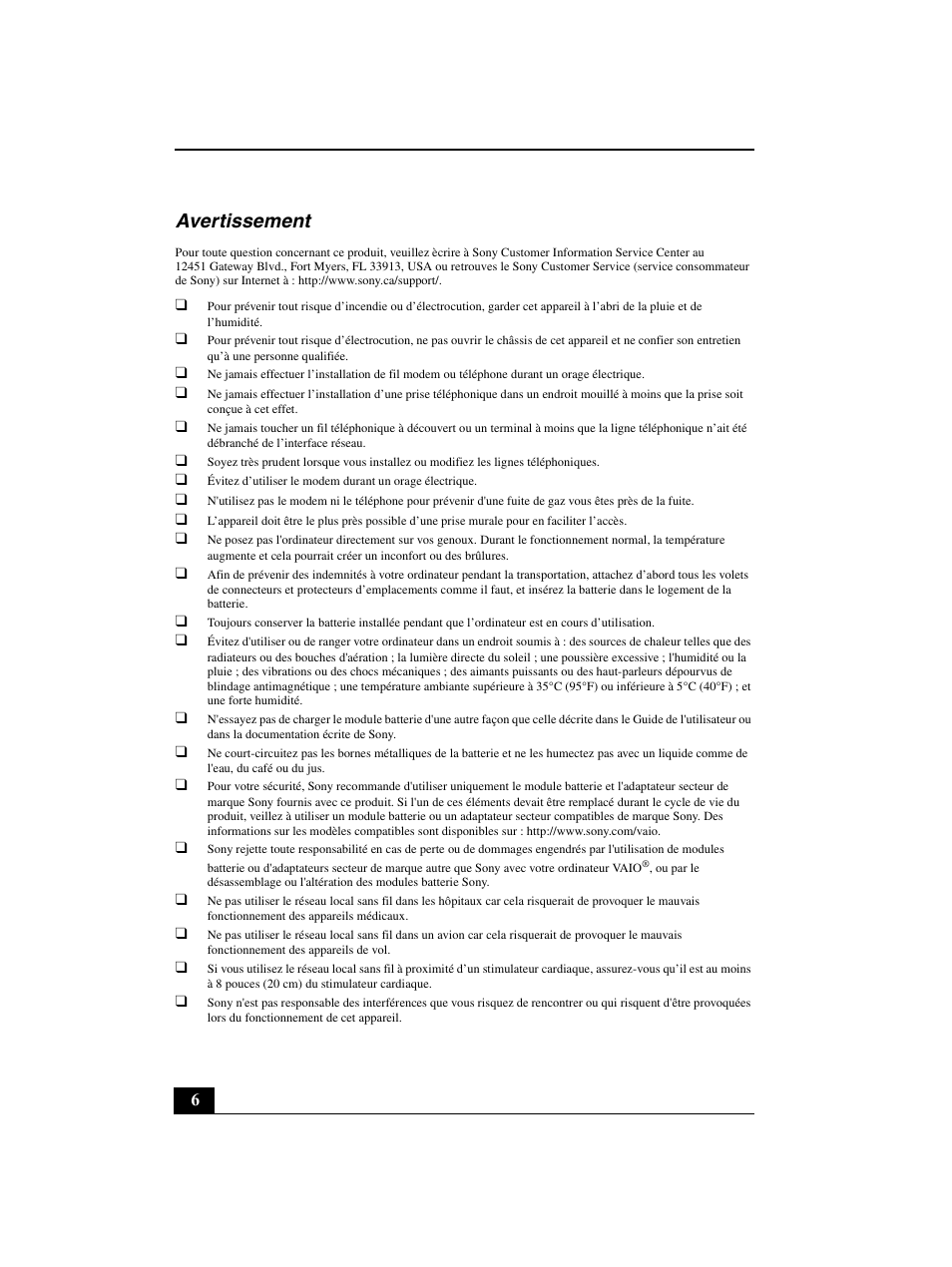 Avertissement | Sony VGN-BZ562N User Manual | Page 6 / 20