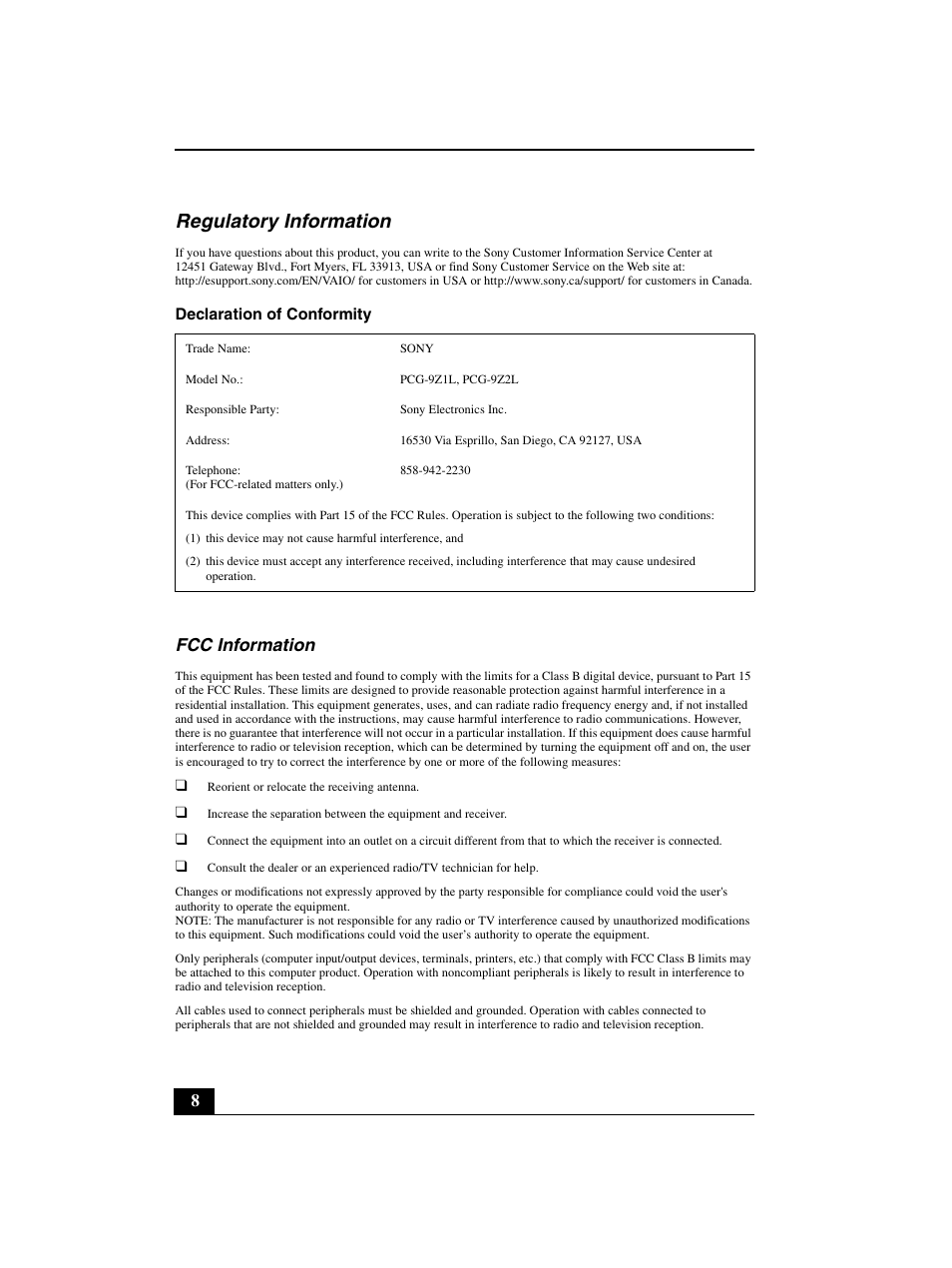 Regulatory information, Fcc information | Sony VGN-BZ562N User Manual | Page 8 / 20