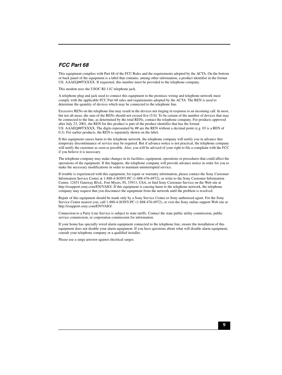 9fcc part 68 | Sony VGN-BZ562N User Manual | Page 9 / 20