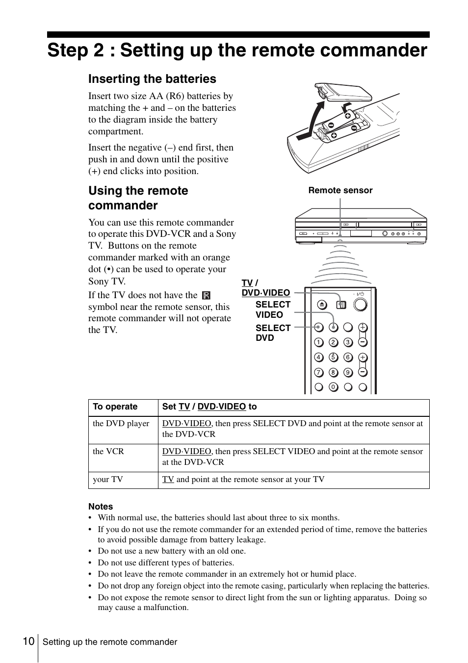 Step 2 : setting up the remote commander, 10 step, Inserting the batteries | Using the remote commander | Sony SLV-D560P User Manual | Page 10 / 128