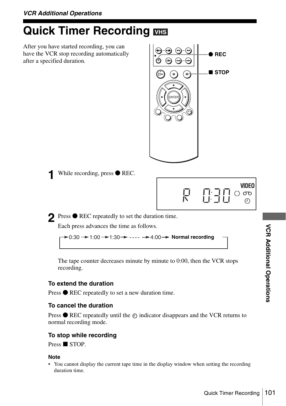 Vcr additional operations, Quick timer recording | Sony SLV-D560P User Manual | Page 101 / 128