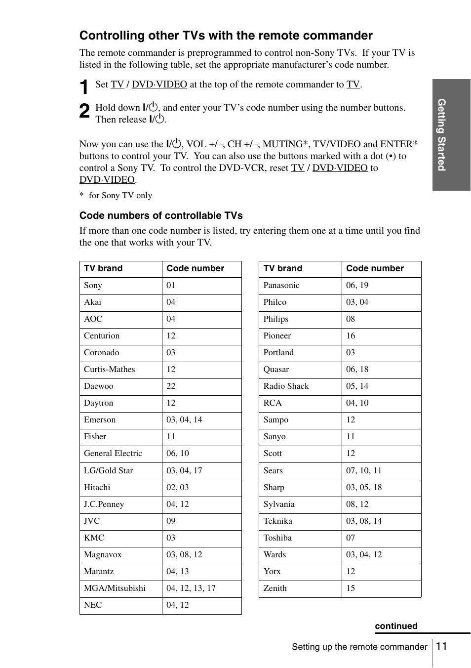 Controlling other tvs with the remote commander | Sony SLV-D560P User Manual | Page 11 / 128