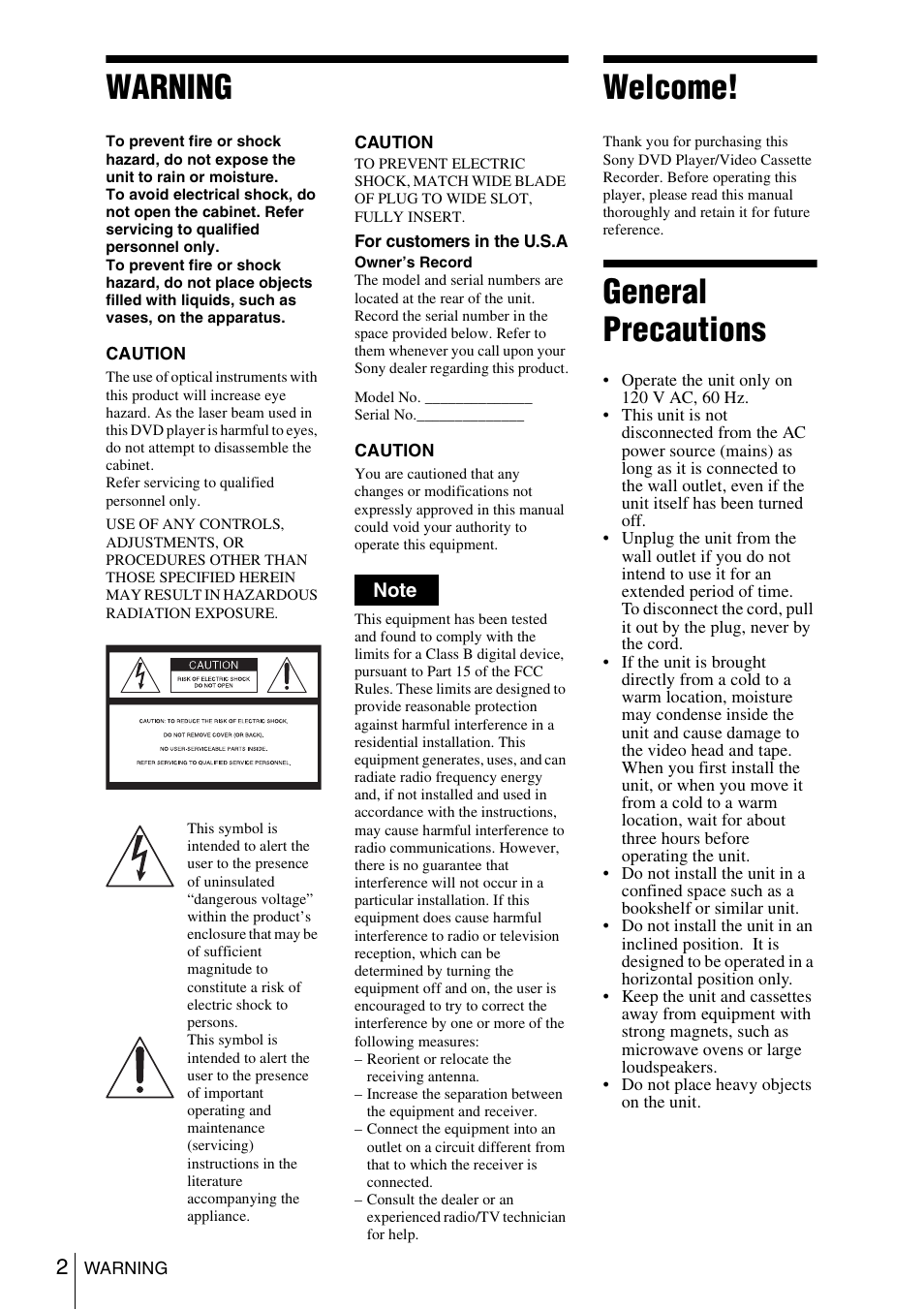 Warning, Welcome, General precautions | Sony SLV-D560P User Manual | Page 2 / 128