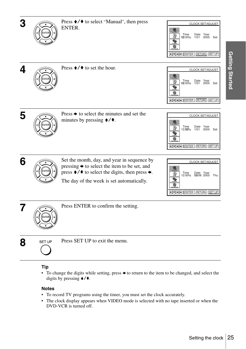 Getti ng sta rted, Press v/v to select, Manual | Then press enter, Press v/v to set the hour, Press enter to confirm the setting, Press set up to exit the menu | Sony SLV-D560P User Manual | Page 25 / 128