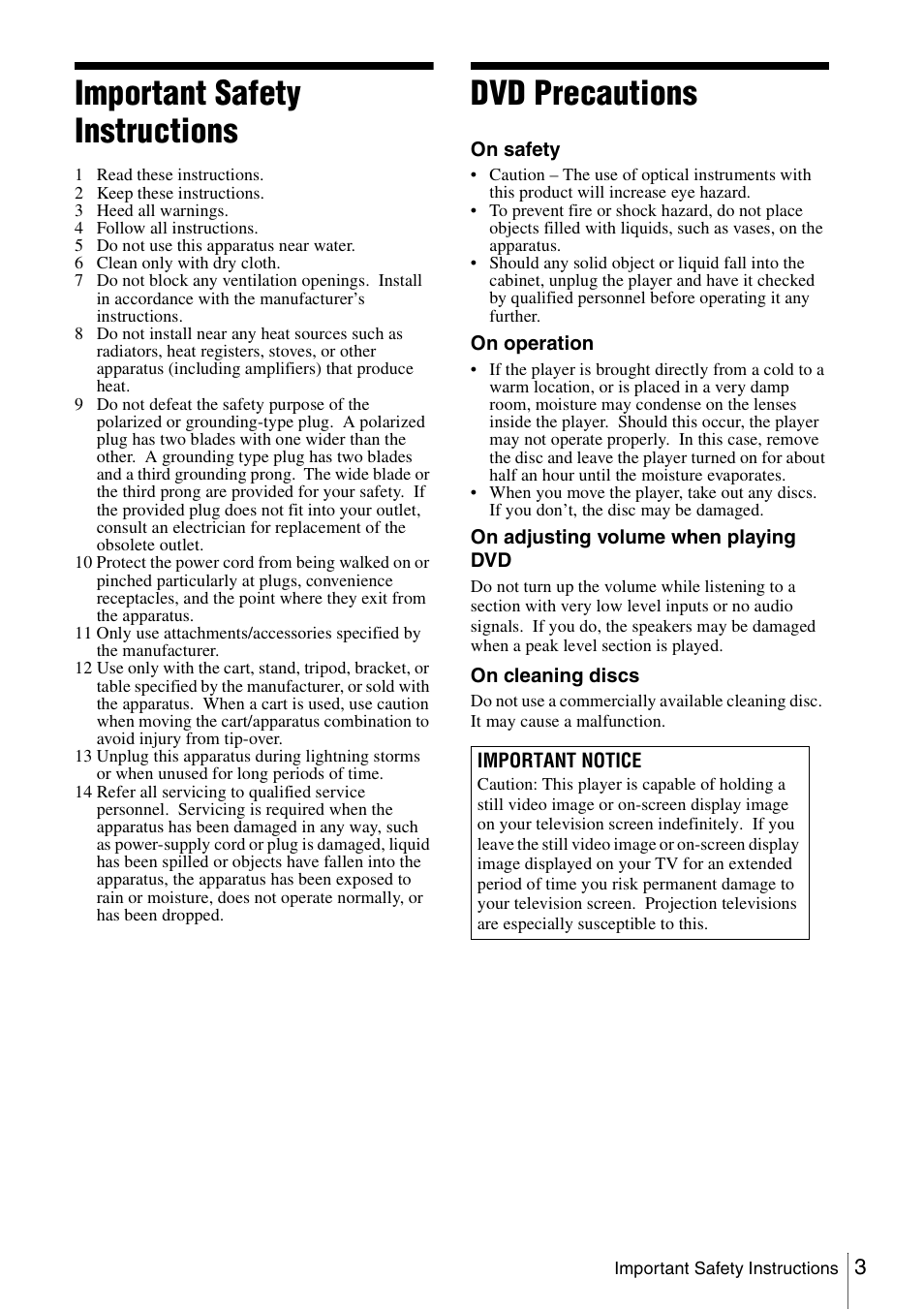 Important safety instructions, Dvd precautions | Sony SLV-D560P User Manual | Page 3 / 128
