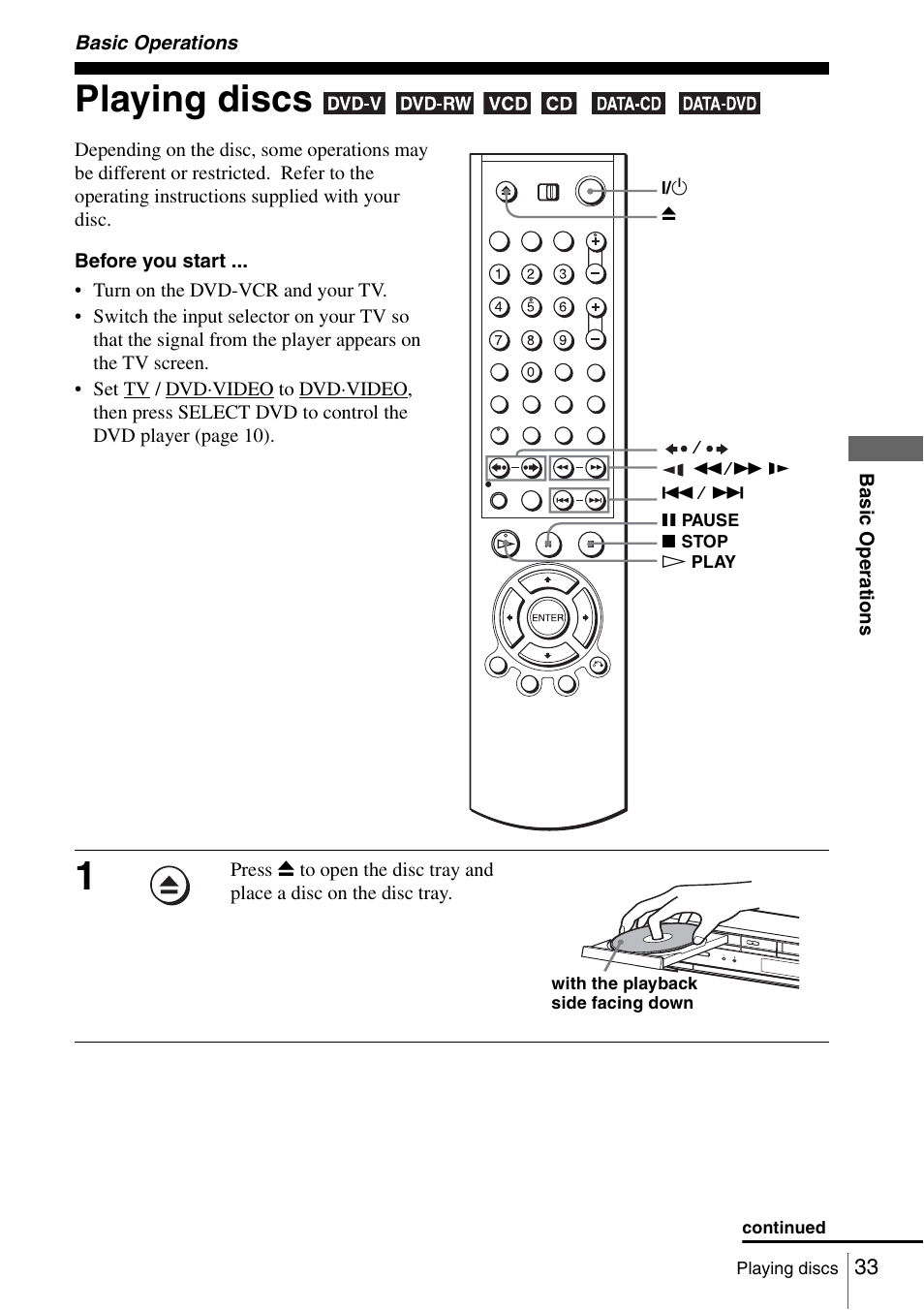 Basic operations, Playing discs, 33 p | Sony SLV-D560P User Manual | Page 33 / 128