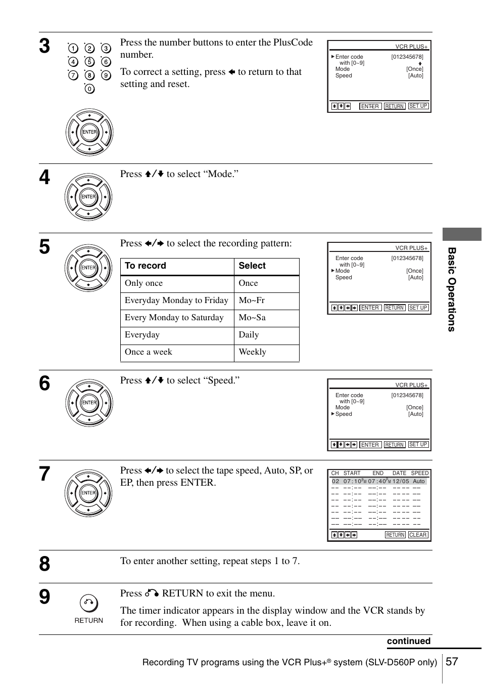 Ba sic o p er at ions, Press v/v to select “mode, Press b/b to select the recording pattern | Press v/v to select “speed | Sony SLV-D560P User Manual | Page 57 / 128