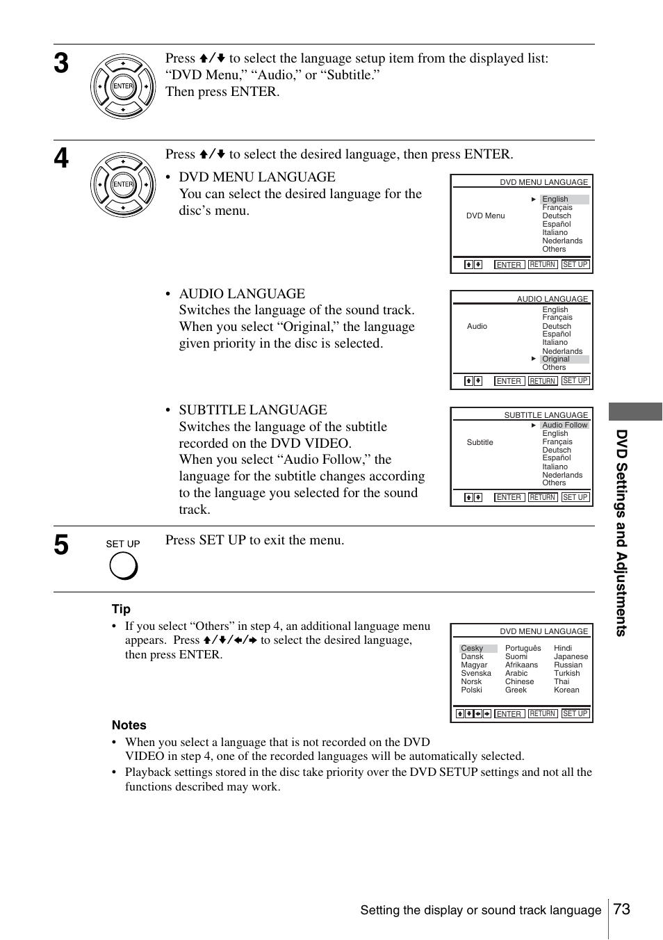 Dv d se ttings and adjus tme nts, Press set up to exit the menu | Sony SLV-D560P User Manual | Page 73 / 128