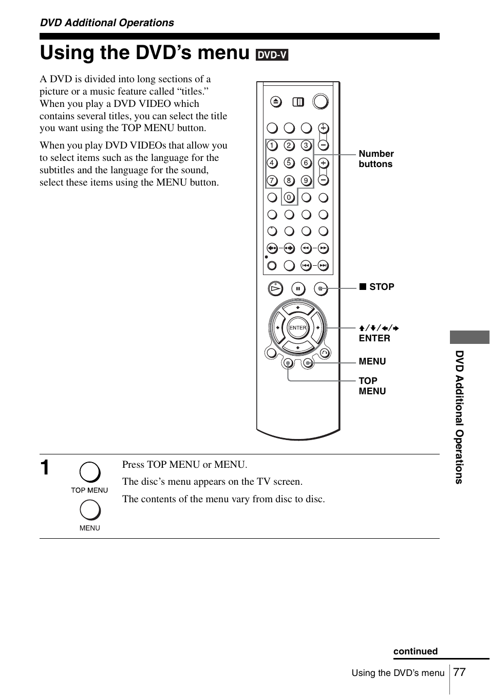 Dvd additional operations, Using the dvd’s menu | Sony SLV-D560P User Manual | Page 77 / 128