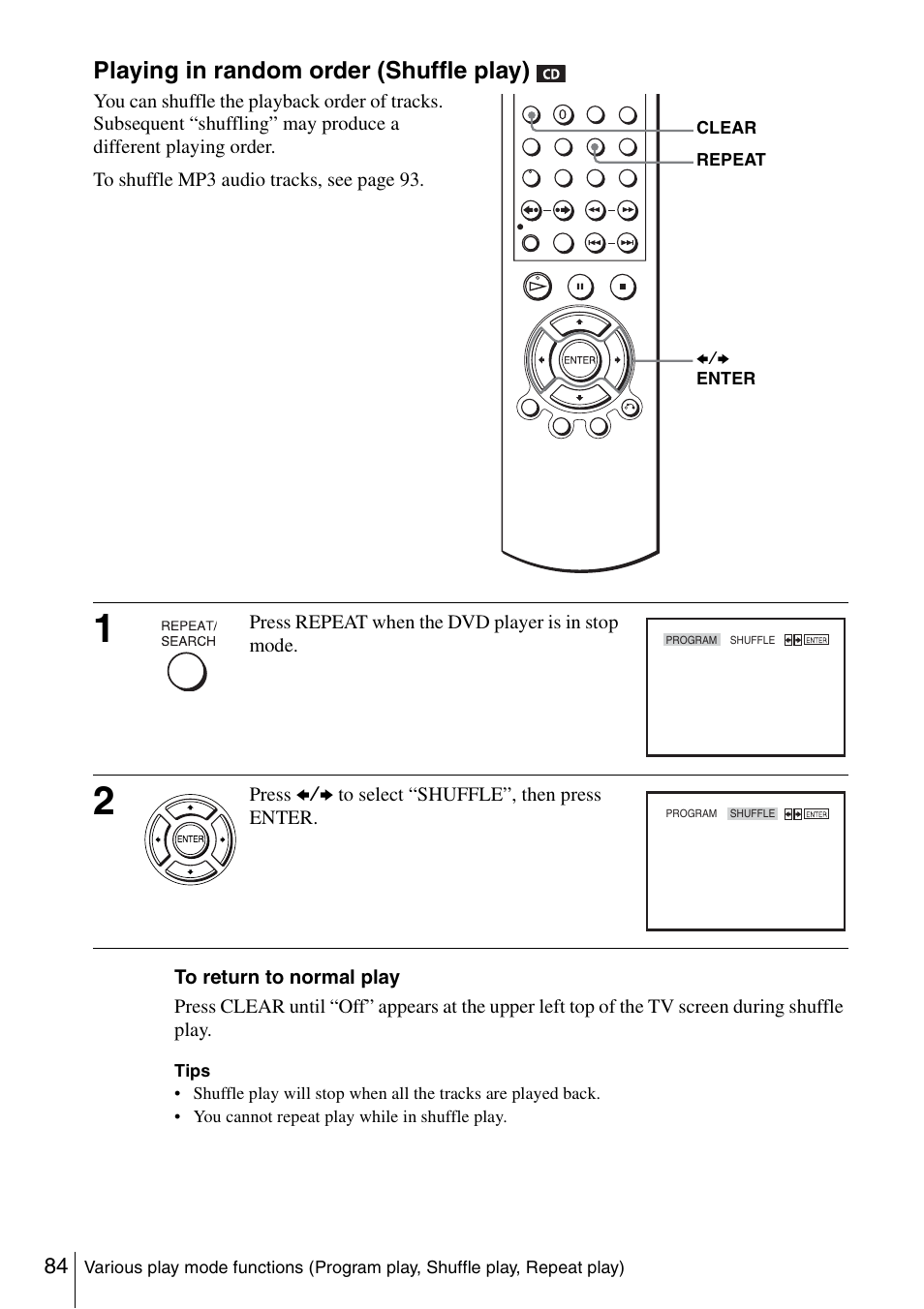 Playing in random order (shuffle play) | Sony SLV-D560P User Manual | Page 84 / 128