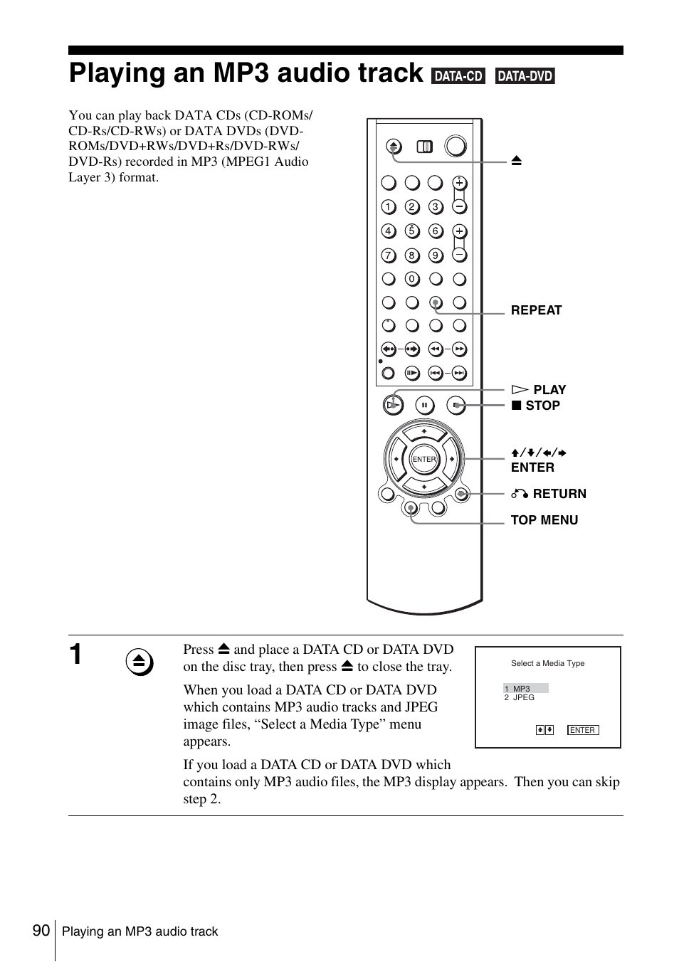 Playing an mp3 audio track | Sony SLV-D560P User Manual | Page 90 / 128