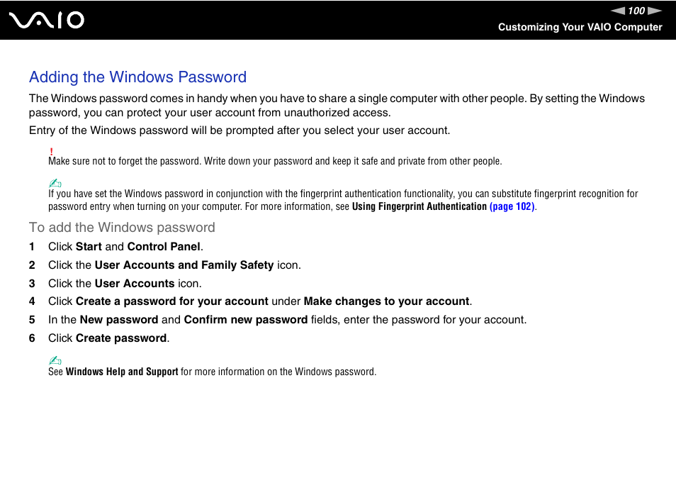 Adding the windows password | Sony VGN-UX380N User Manual | Page 100 / 201