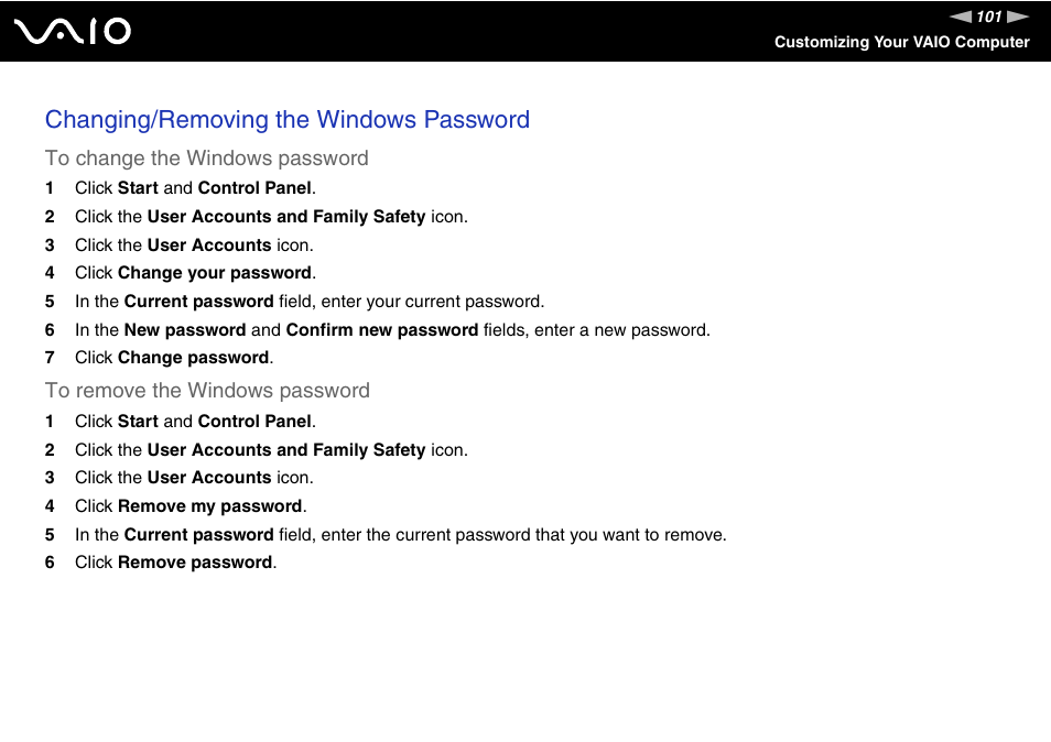 Changing/removing the windows password | Sony VGN-UX380N User Manual | Page 101 / 201