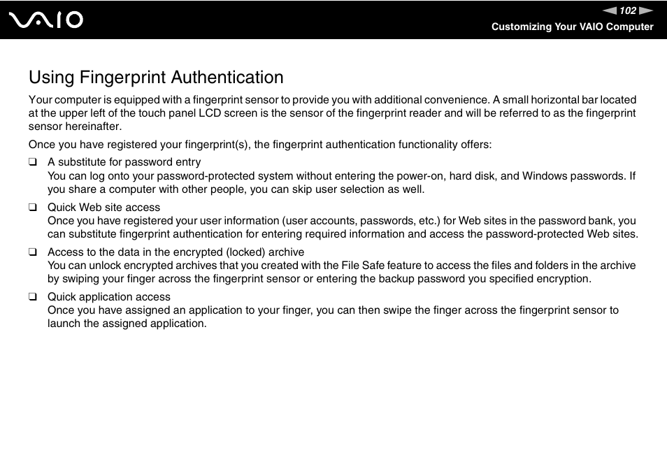 Using fingerprint authentication, Tion | Sony VGN-UX380N User Manual | Page 102 / 201