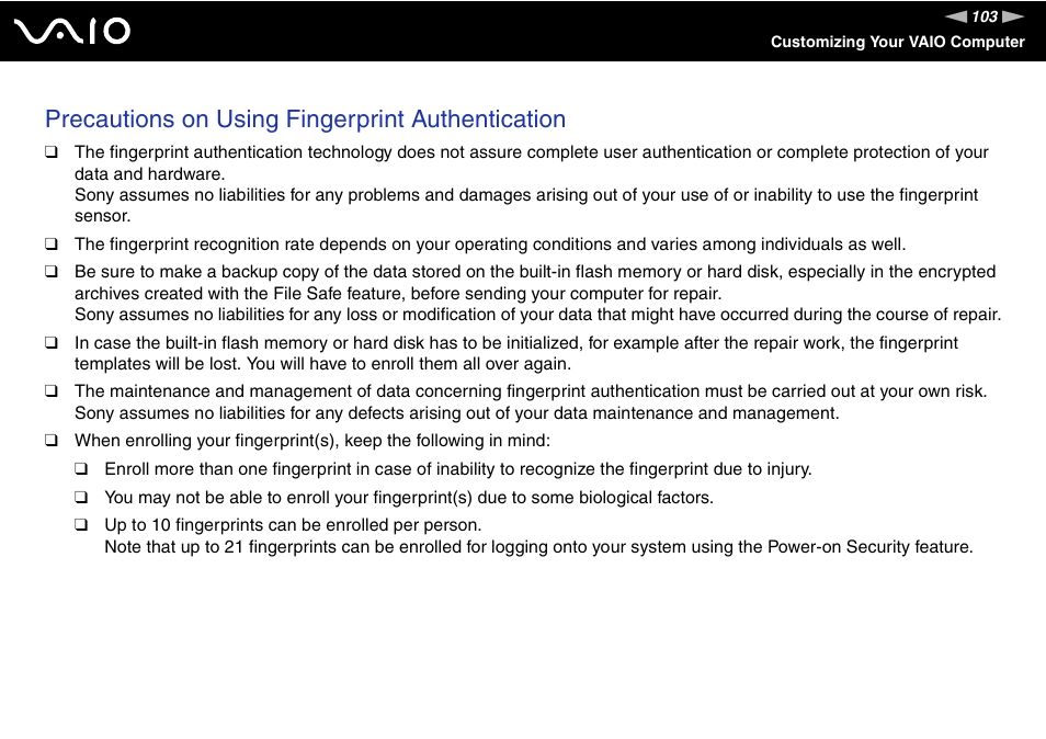 Precautions on using fingerprint authentication | Sony VGN-UX380N User Manual | Page 103 / 201