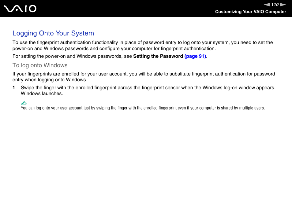 Logging onto your system | Sony VGN-UX380N User Manual | Page 110 / 201