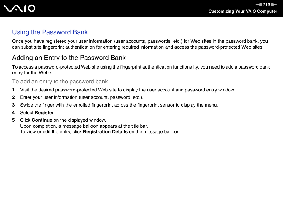 Using the password bank, Adding an entry to the password bank | Sony VGN-UX380N User Manual | Page 113 / 201