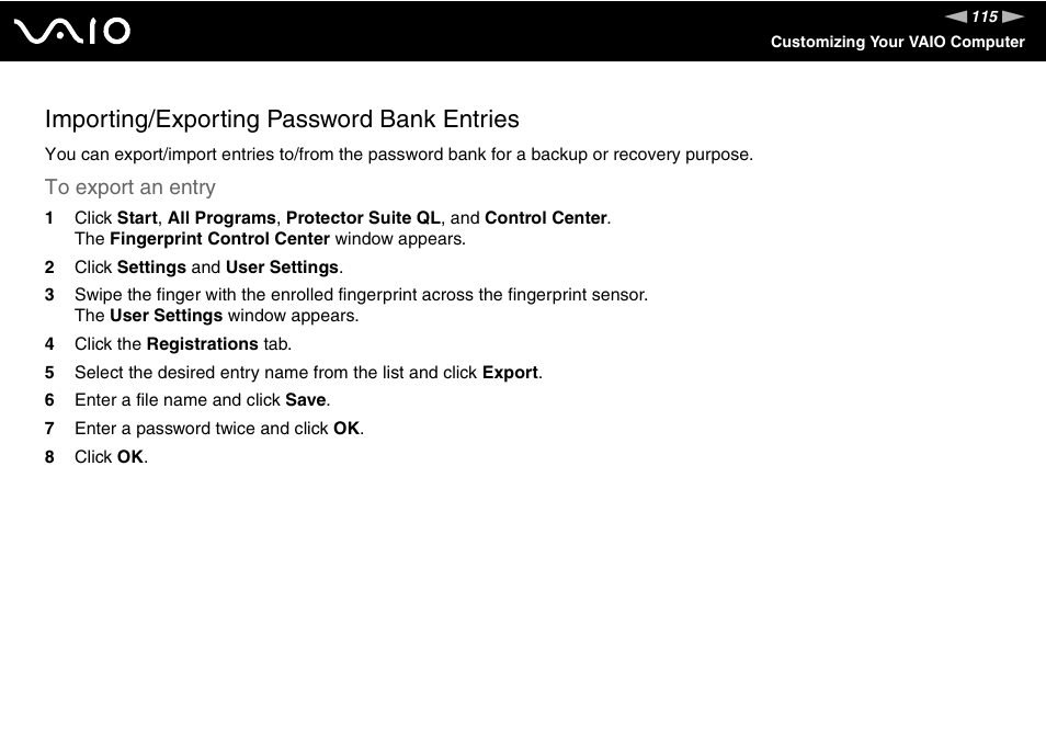 Importing/exporting password bank entries | Sony VGN-UX380N User Manual | Page 115 / 201