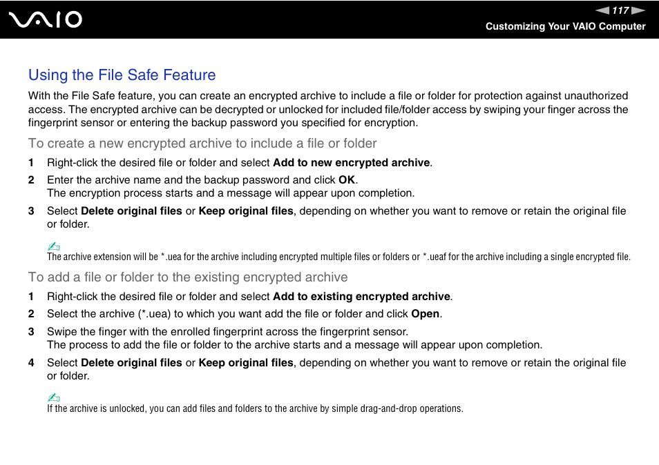 Using the file safe feature | Sony VGN-UX380N User Manual | Page 117 / 201