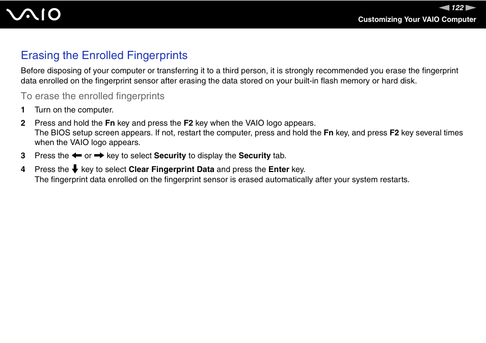 Erasing the enrolled fingerprints | Sony VGN-UX380N User Manual | Page 122 / 201