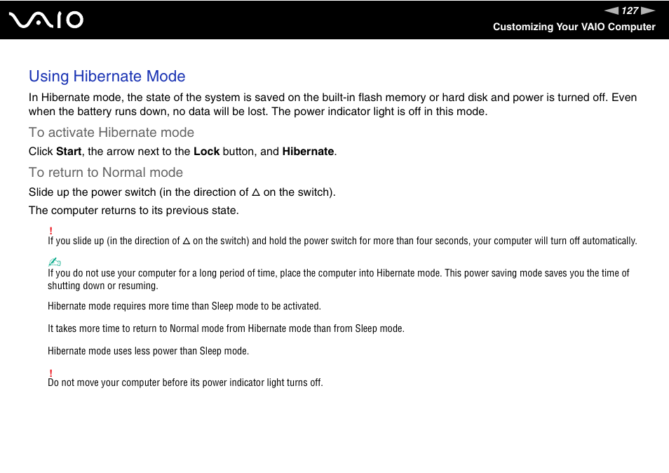 Using hibernate mode | Sony VGN-UX380N User Manual | Page 127 / 201