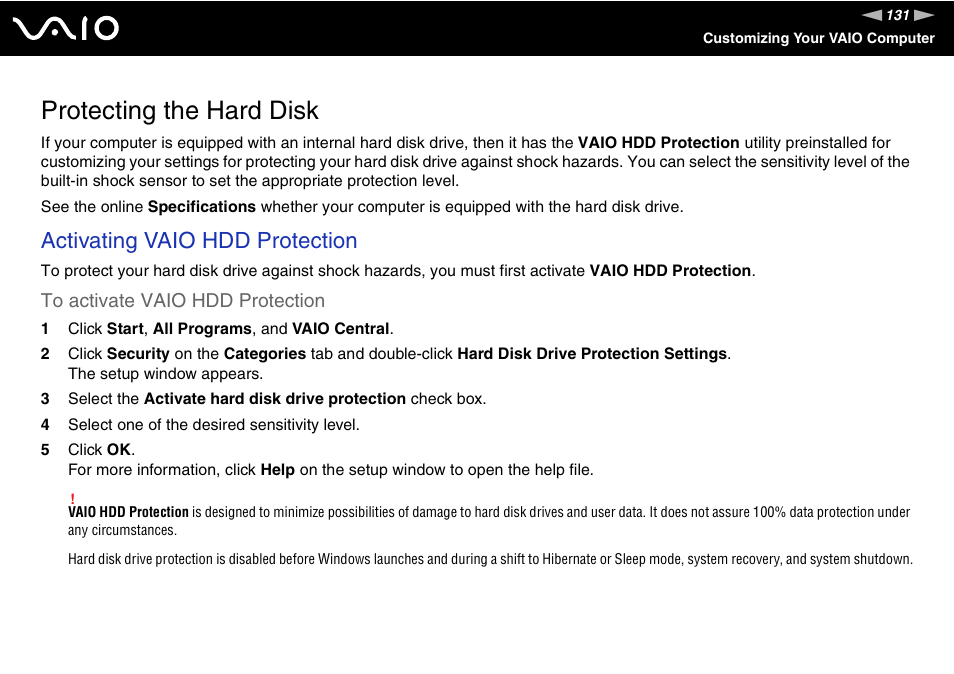 Protecting the hard disk, Activating vaio hdd protection | Sony VGN-UX380N User Manual | Page 131 / 201