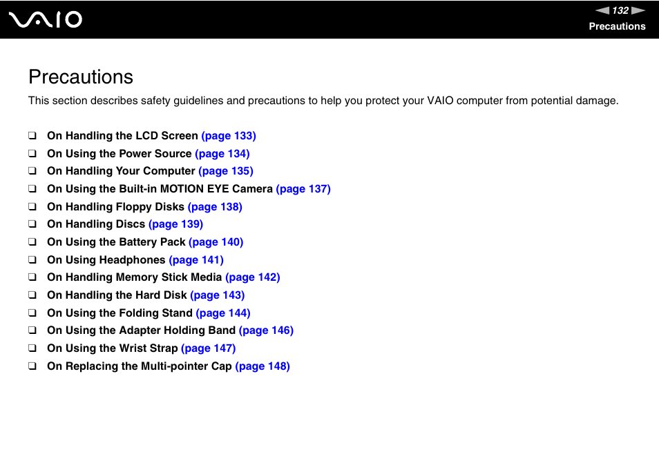 Precautions | Sony VGN-UX380N User Manual | Page 132 / 201